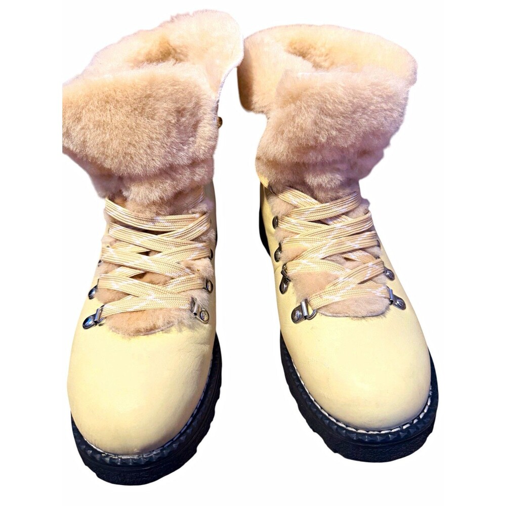 Beige Leather Lace-Up Ankle Bootie Faux Fur Lined Round Toe US 8 EU 39